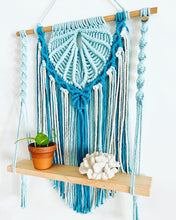 Load image into Gallery viewer, “Clam Shell&quot; Macrame Wall Hanging Shelf Seafoam
