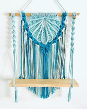 Load image into Gallery viewer, “Clam Shell&quot; Macrame Wall Hanging Shelf Seafoam
